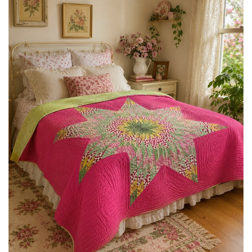 Handmade Vintage Hand Stitched Star Quilt Full Queen Topper 80x86